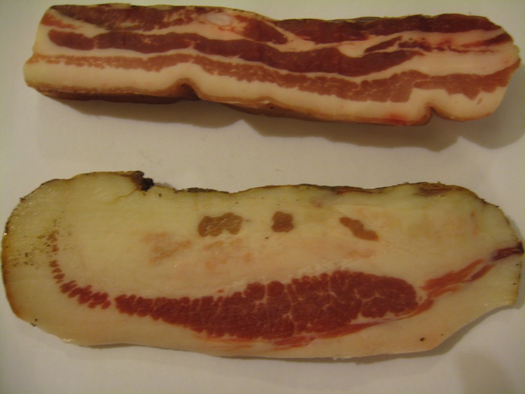 Guanciale (bottom) and pancetta (top) have different compositions.