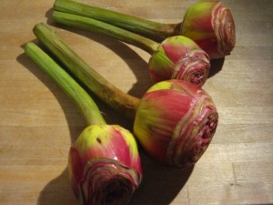 A bouquet of trimmed artichokes.