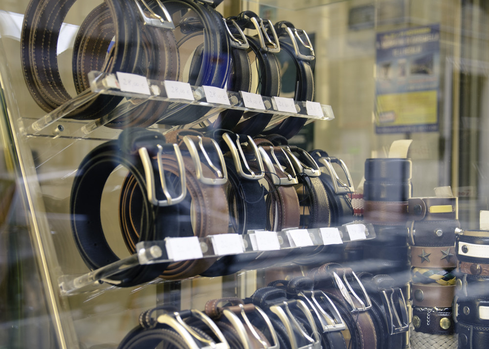 Leather belts in the shopping window